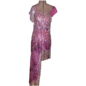 Couture Luxury Swarovski Crystals Runway Fringes Mink Fur Cocktail Evening Dress